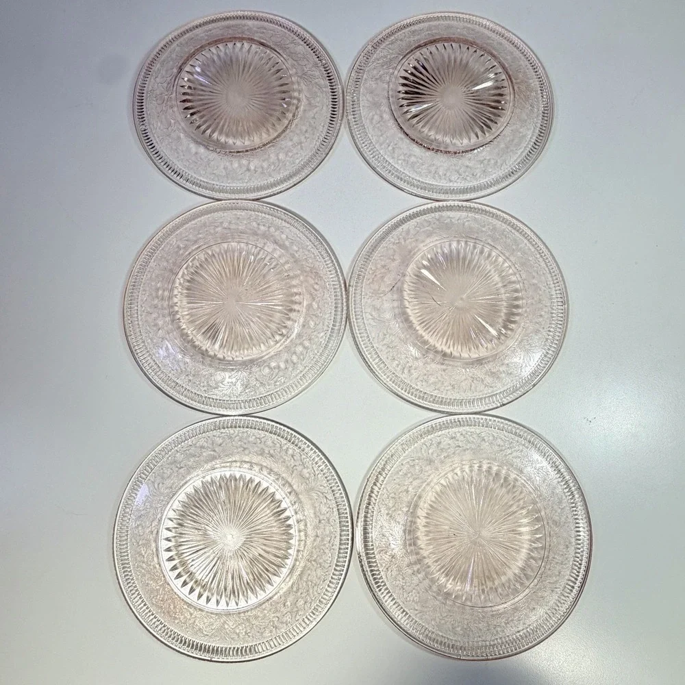 VTG U.S. Glass Strawberry Pink Depression Glass Bread & Butter Plates Set of 6